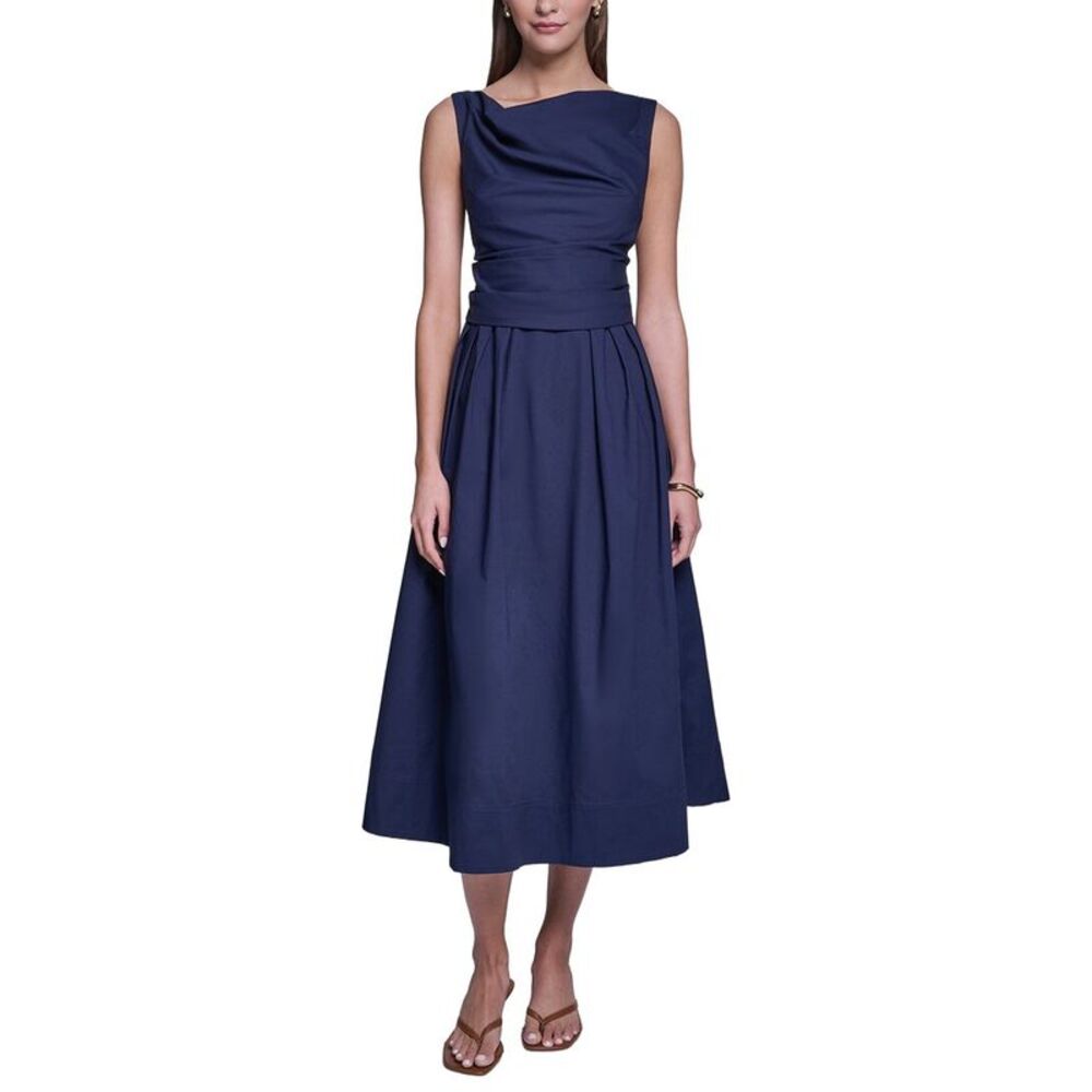 Halston Womens Sleeveless Cotton Pleated Fit And Flare